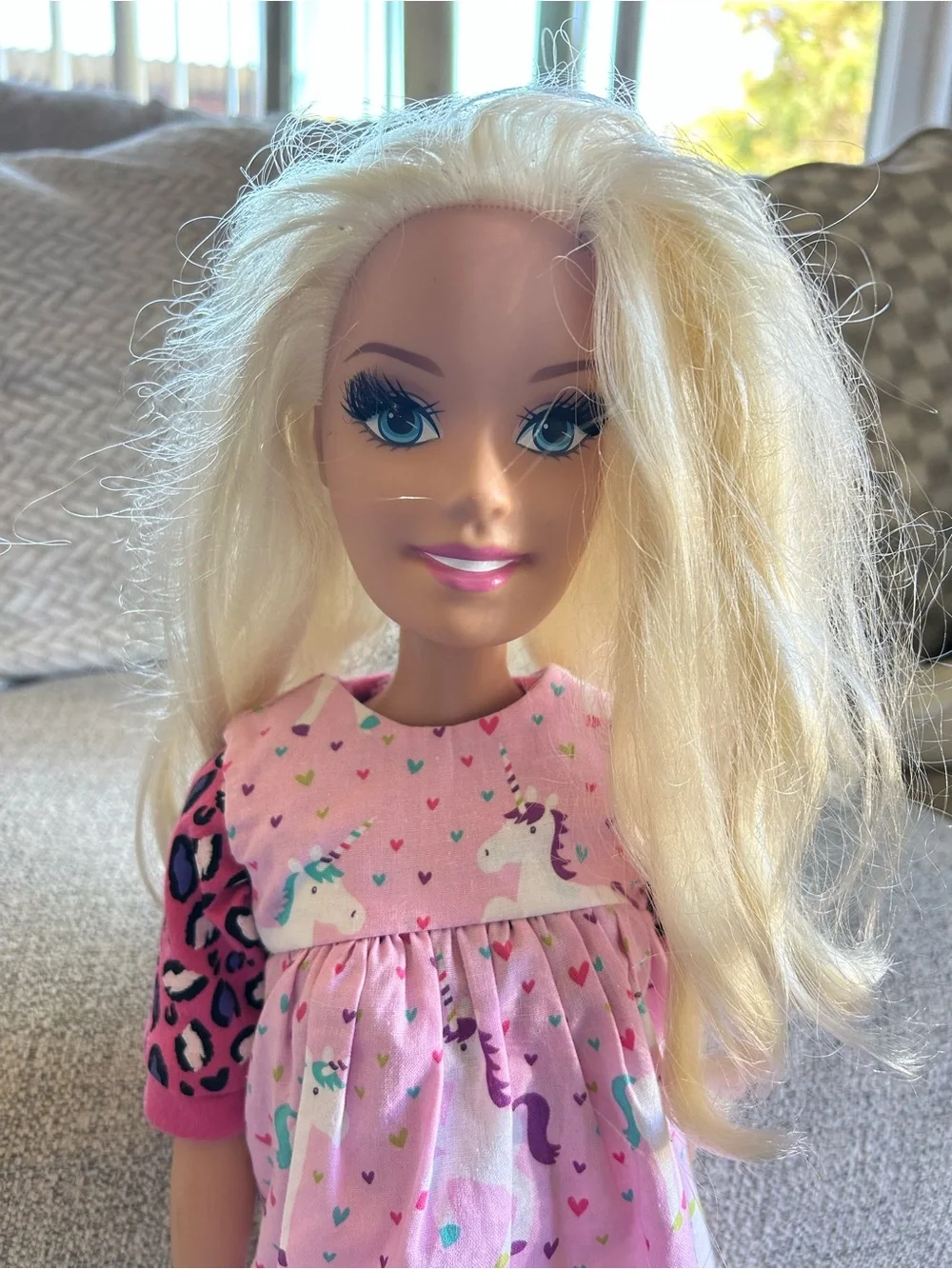 Barbie Blonde Doll in Pink Unicorn Dress with Hot Pink Shoes